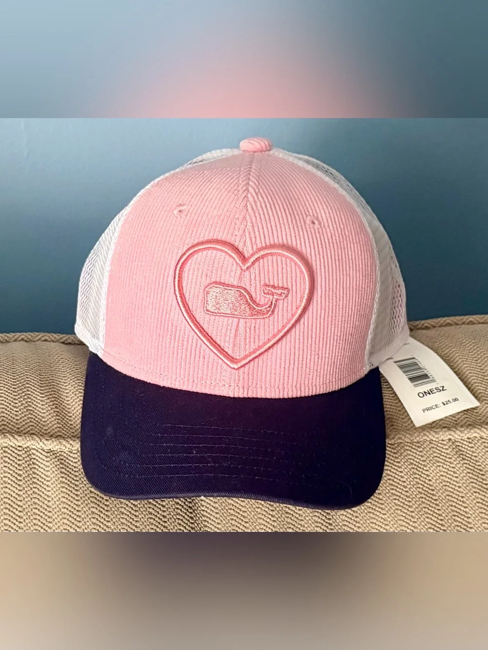 Girl’s Vineyard Vines Pink and Navy Kids Trucker Hat with Heart Whale Patch